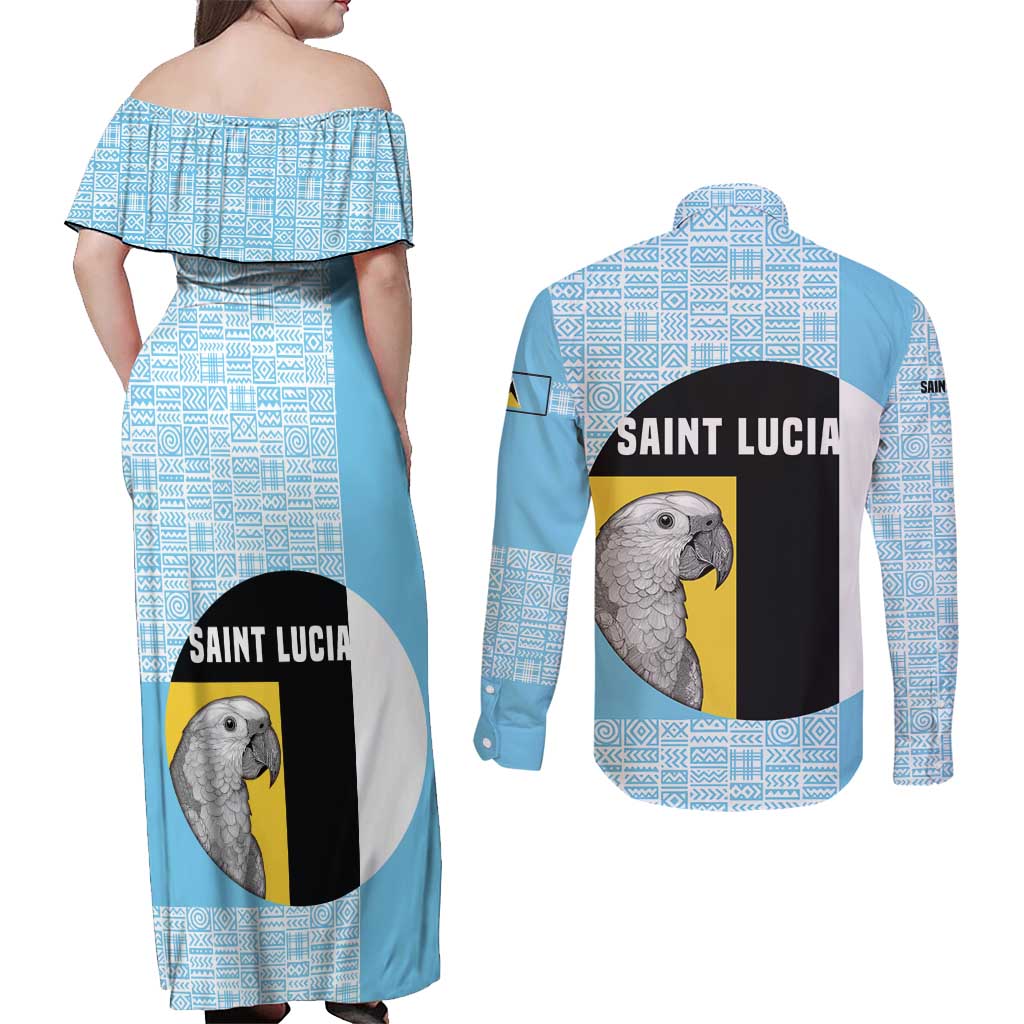 Saint Lucia Graphic Parrot Couples Matching Off Shoulder Maxi Dress and Long Sleeve Button Shirt with Tribal Pattern and Minimalist Blue Black Design - Wonder Print Shop
