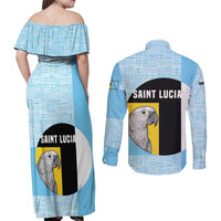 Saint Lucia Graphic Parrot Couples Matching Off Shoulder Maxi Dress and Long Sleeve Button Shirt with Tribal Pattern and Minimalist Blue Black Design - Wonder Print Shop