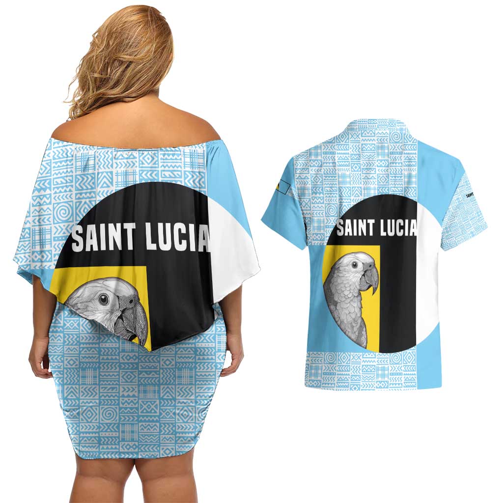 Saint Lucia Graphic Parrot Couples Matching Off Shoulder Short Dress and Hawaiian Shirt with Tribal Pattern and Minimalist Blue Black Design - Wonder Print Shop