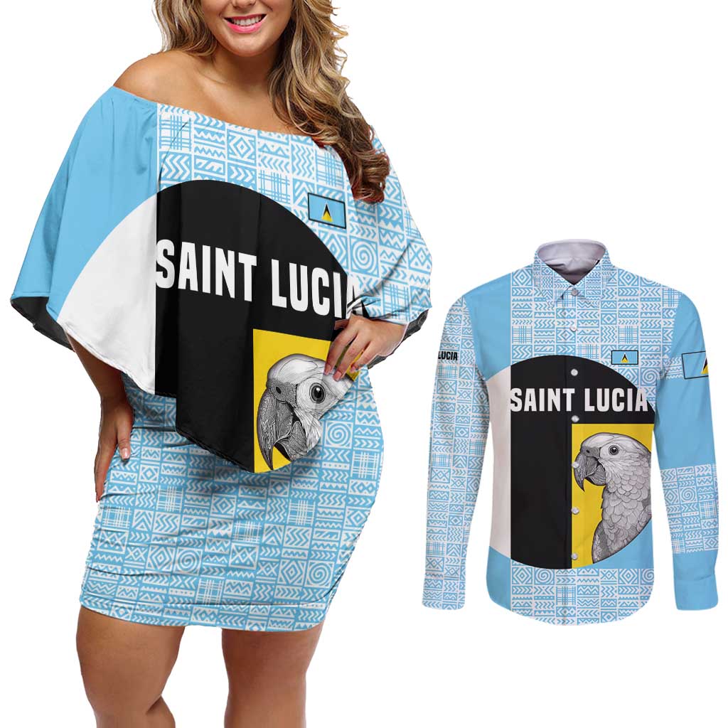 Saint Lucia Graphic Parrot Couples Matching Off Shoulder Short Dress and Long Sleeve Button Shirt with Tribal Pattern and Minimalist Blue Black Design - Wonder Print Shop