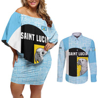 Saint Lucia Graphic Parrot Couples Matching Off Shoulder Short Dress and Long Sleeve Button Shirt with Tribal Pattern and Minimalist Blue Black Design - Wonder Print Shop