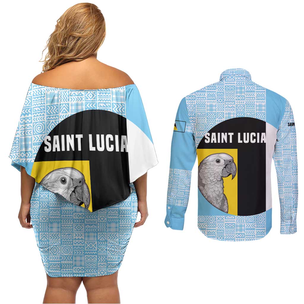 Saint Lucia Graphic Parrot Couples Matching Off Shoulder Short Dress and Long Sleeve Button Shirt with Tribal Pattern and Minimalist Blue Black Design - Wonder Print Shop