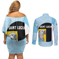 Saint Lucia Graphic Parrot Couples Matching Off Shoulder Short Dress and Long Sleeve Button Shirt with Tribal Pattern and Minimalist Blue Black Design - Wonder Print Shop