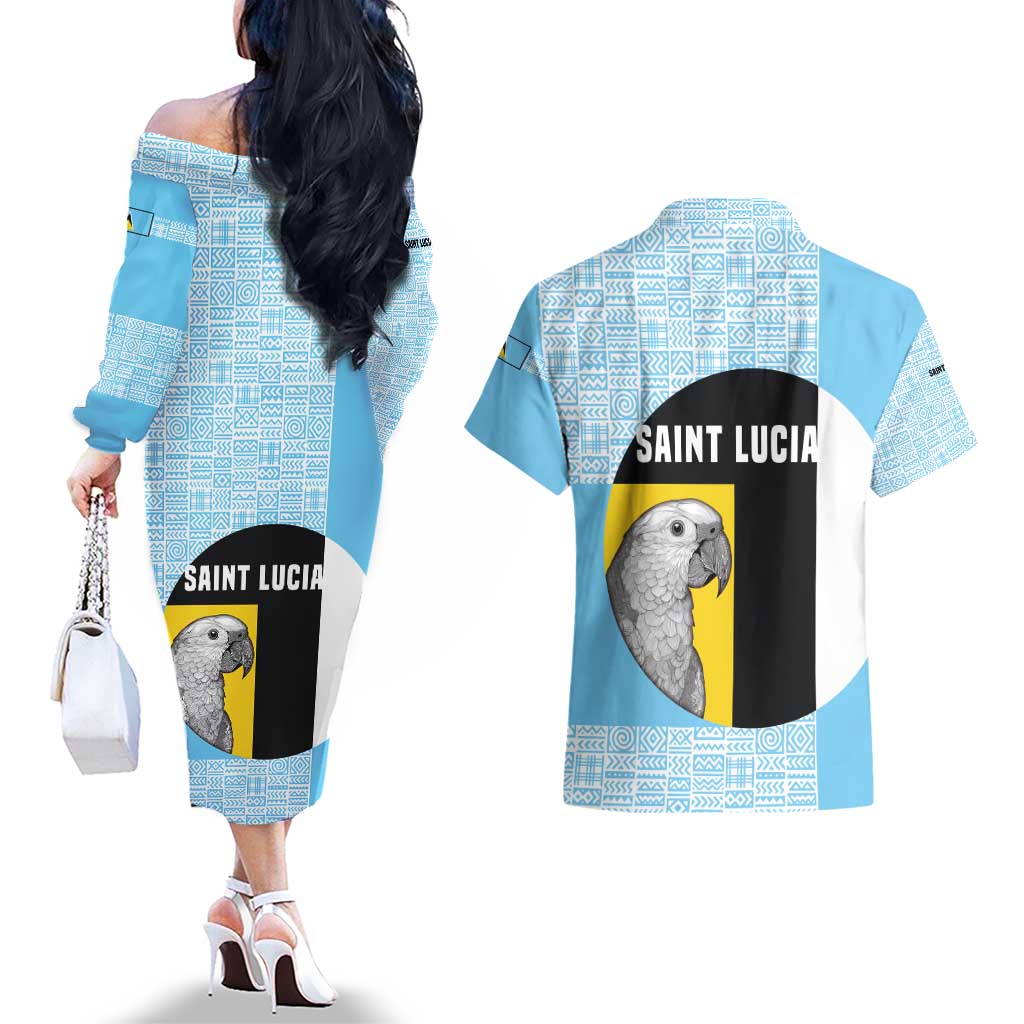 Saint Lucia Graphic Parrot Couples Matching Off The Shoulder Long Sleeve Dress and Hawaiian Shirt with Tribal Pattern and Minimalist Blue Black Design - Wonder Print Shop