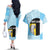 Saint Lucia Graphic Parrot Couples Matching Off The Shoulder Long Sleeve Dress and Hawaiian Shirt with Tribal Pattern and Minimalist Blue Black Design - Wonder Print Shop