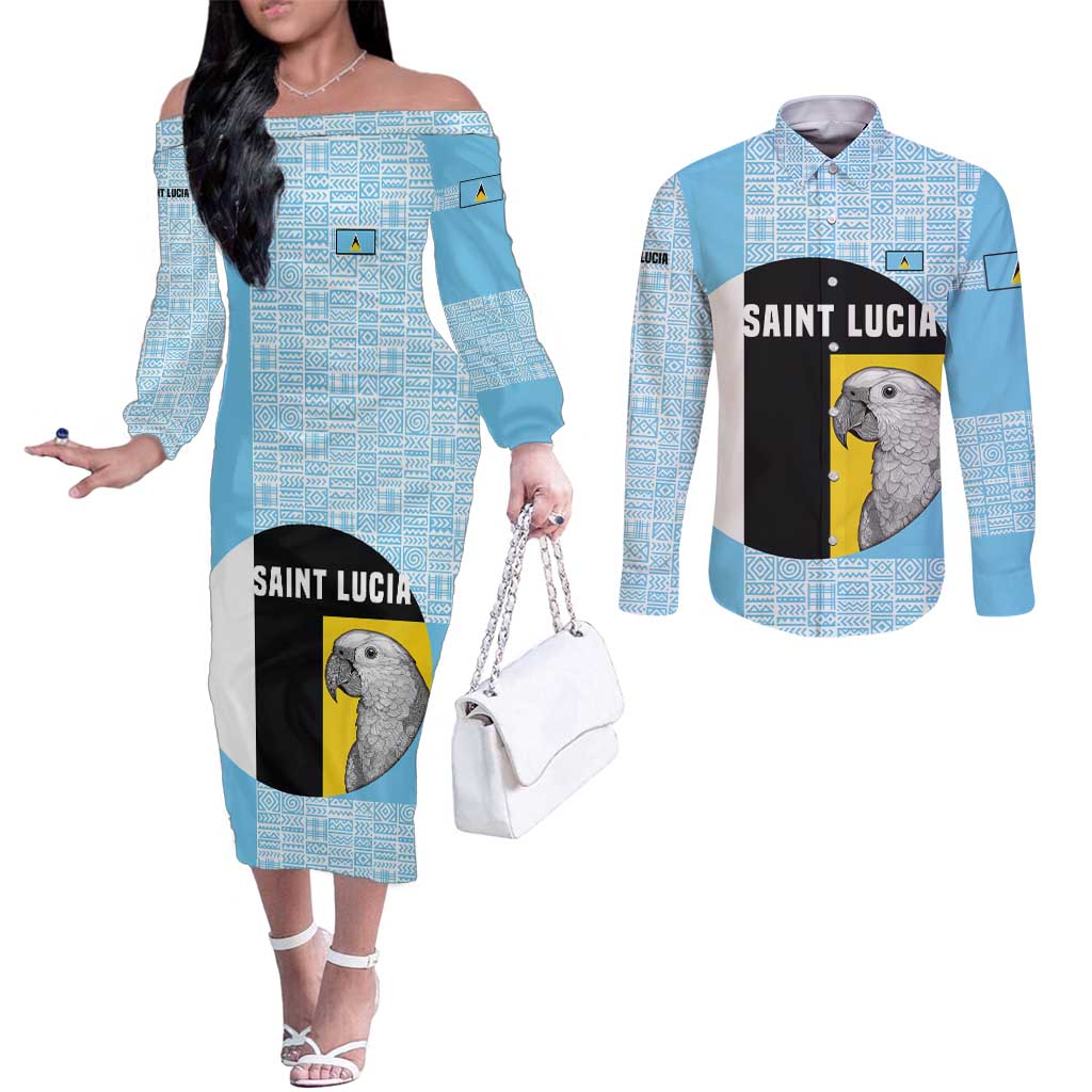 Saint Lucia Graphic Parrot Couples Matching Off The Shoulder Long Sleeve Dress and Long Sleeve Button Shirt with Tribal Pattern and Minimalist Blue Black Design - Wonder Print Shop