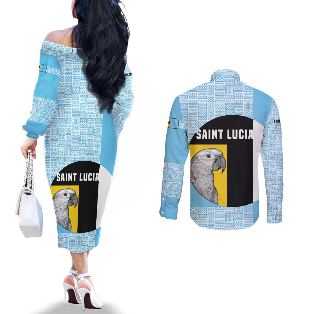 Saint Lucia Graphic Parrot Couples Matching Off The Shoulder Long Sleeve Dress and Long Sleeve Button Shirt with Tribal Pattern and Minimalist Blue Black Design - Wonder Print Shop