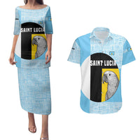 Saint Lucia Graphic Parrot Couples Matching Puletasi and Hawaiian Shirt with Tribal Pattern and Minimalist Blue Black Design - Wonder Print Shop