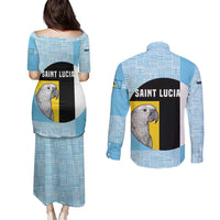 Saint Lucia Graphic Parrot Couples Matching Puletasi and Long Sleeve Button Shirt with Tribal Pattern and Minimalist Blue Black Design - Wonder Print Shop
