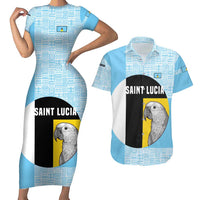 Saint Lucia Graphic Parrot Couples Matching Short Sleeve Bodycon Dress and Hawaiian Shirt with Tribal Pattern and Minimalist Blue Black Design - Wonder Print Shop