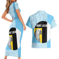 Saint Lucia Graphic Parrot Couples Matching Short Sleeve Bodycon Dress and Hawaiian Shirt with Tribal Pattern and Minimalist Blue Black Design - Wonder Print Shop