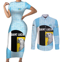 Saint Lucia Graphic Parrot Couples Matching Short Sleeve Bodycon Dress and Long Sleeve Button Shirt with Tribal Pattern and Minimalist Blue Black Design - Wonder Print Shop