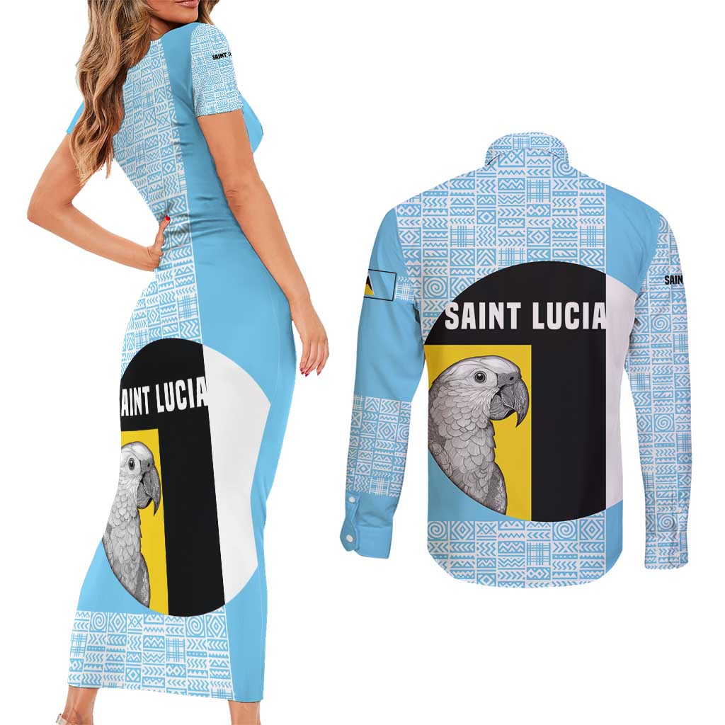 Saint Lucia Graphic Parrot Couples Matching Short Sleeve Bodycon Dress and Long Sleeve Button Shirt with Tribal Pattern and Minimalist Blue Black Design - Wonder Print Shop