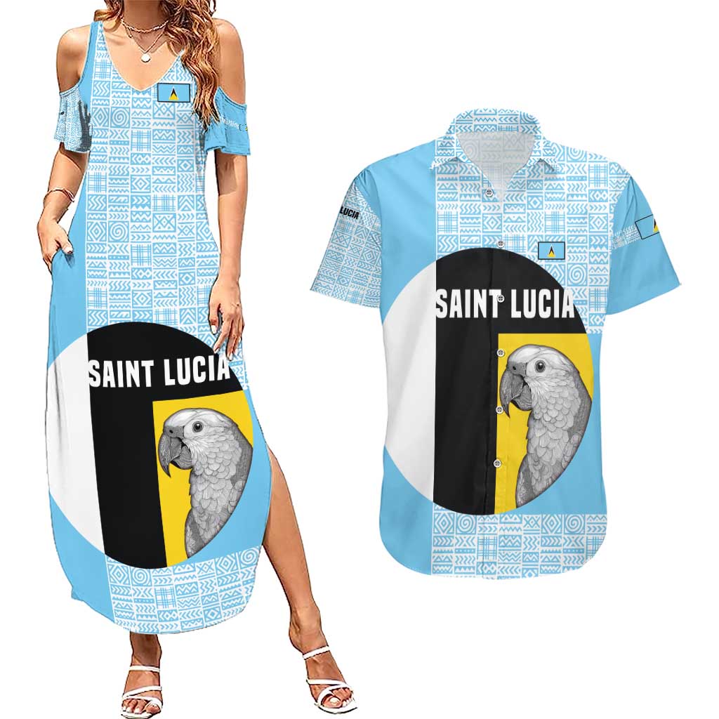 Saint Lucia Graphic Parrot Couples Matching Summer Maxi Dress and Hawaiian Shirt with Tribal Pattern and Minimalist Blue Black Design - Wonder Print Shop
