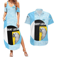 Saint Lucia Graphic Parrot Couples Matching Summer Maxi Dress and Hawaiian Shirt with Tribal Pattern and Minimalist Blue Black Design - Wonder Print Shop