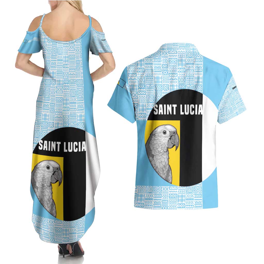 Saint Lucia Graphic Parrot Couples Matching Summer Maxi Dress and Hawaiian Shirt with Tribal Pattern and Minimalist Blue Black Design - Wonder Print Shop