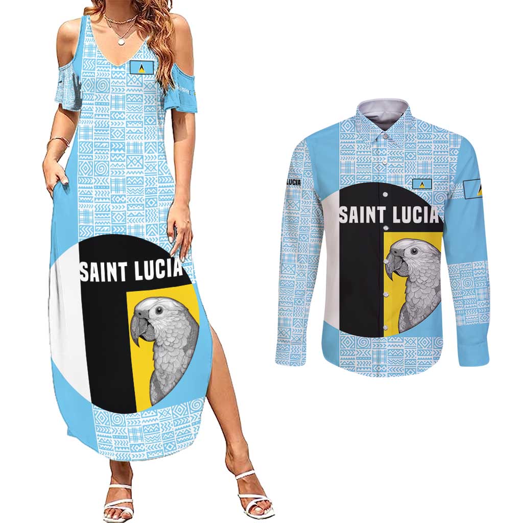 Saint Lucia Graphic Parrot Couples Matching Summer Maxi Dress and Long Sleeve Button Shirt with Tribal Pattern and Minimalist Blue Black Design - Wonder Print Shop