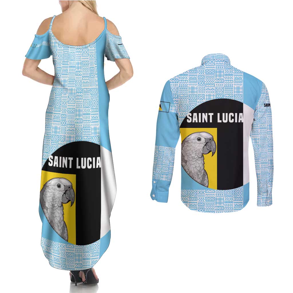 Saint Lucia Graphic Parrot Couples Matching Summer Maxi Dress and Long Sleeve Button Shirt with Tribal Pattern and Minimalist Blue Black Design - Wonder Print Shop