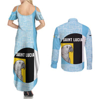 Saint Lucia Graphic Parrot Couples Matching Summer Maxi Dress and Long Sleeve Button Shirt with Tribal Pattern and Minimalist Blue Black Design - Wonder Print Shop