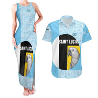 Saint Lucia Graphic Parrot Couples Matching Tank Maxi Dress and Hawaiian Shirt with Tribal Pattern and Minimalist Blue Black Design - Wonder Print Shop