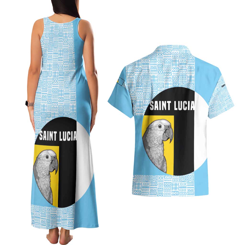 Saint Lucia Graphic Parrot Couples Matching Tank Maxi Dress and Hawaiian Shirt with Tribal Pattern and Minimalist Blue Black Design - Wonder Print Shop