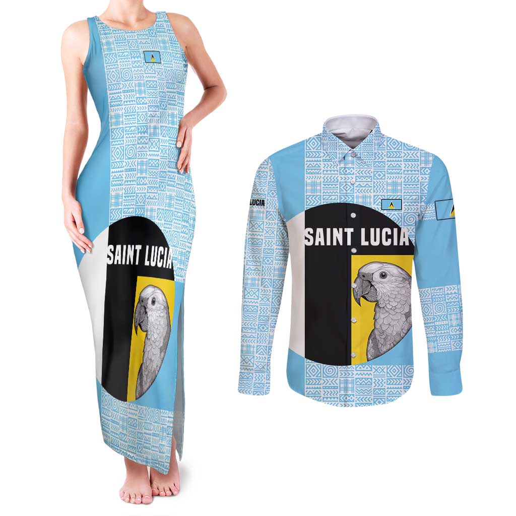 Saint Lucia Graphic Parrot Couples Matching Tank Maxi Dress and Long Sleeve Button Shirt with Tribal Pattern and Minimalist Blue Black Design - Wonder Print Shop