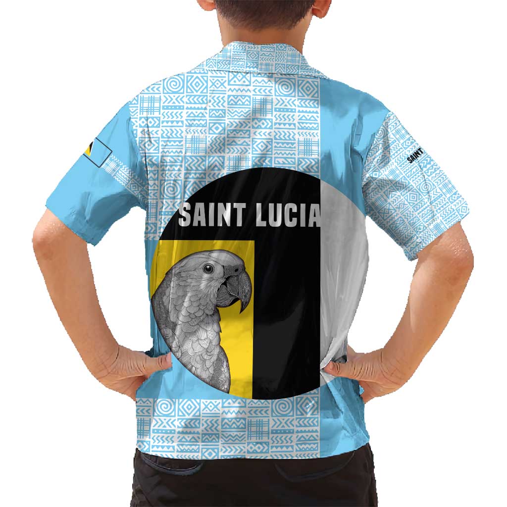 Saint Lucia Graphic Parrot Family Matching Long Sleeve Bodycon Dress and Hawaiian Shirt with Tribal Pattern and Minimalist Blue Black Design - Wonder Print Shop