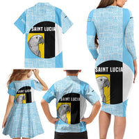 Saint Lucia Graphic Parrot Family Matching Long Sleeve Bodycon Dress and Hawaiian Shirt with Tribal Pattern and Minimalist Blue Black Design - Wonder Print Shop