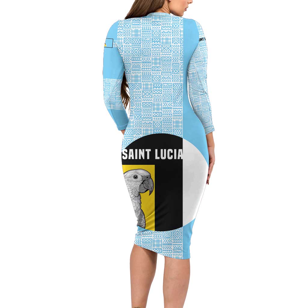 Saint Lucia Graphic Parrot Family Matching Long Sleeve Bodycon Dress and Hawaiian Shirt with Tribal Pattern and Minimalist Blue Black Design - Wonder Print Shop