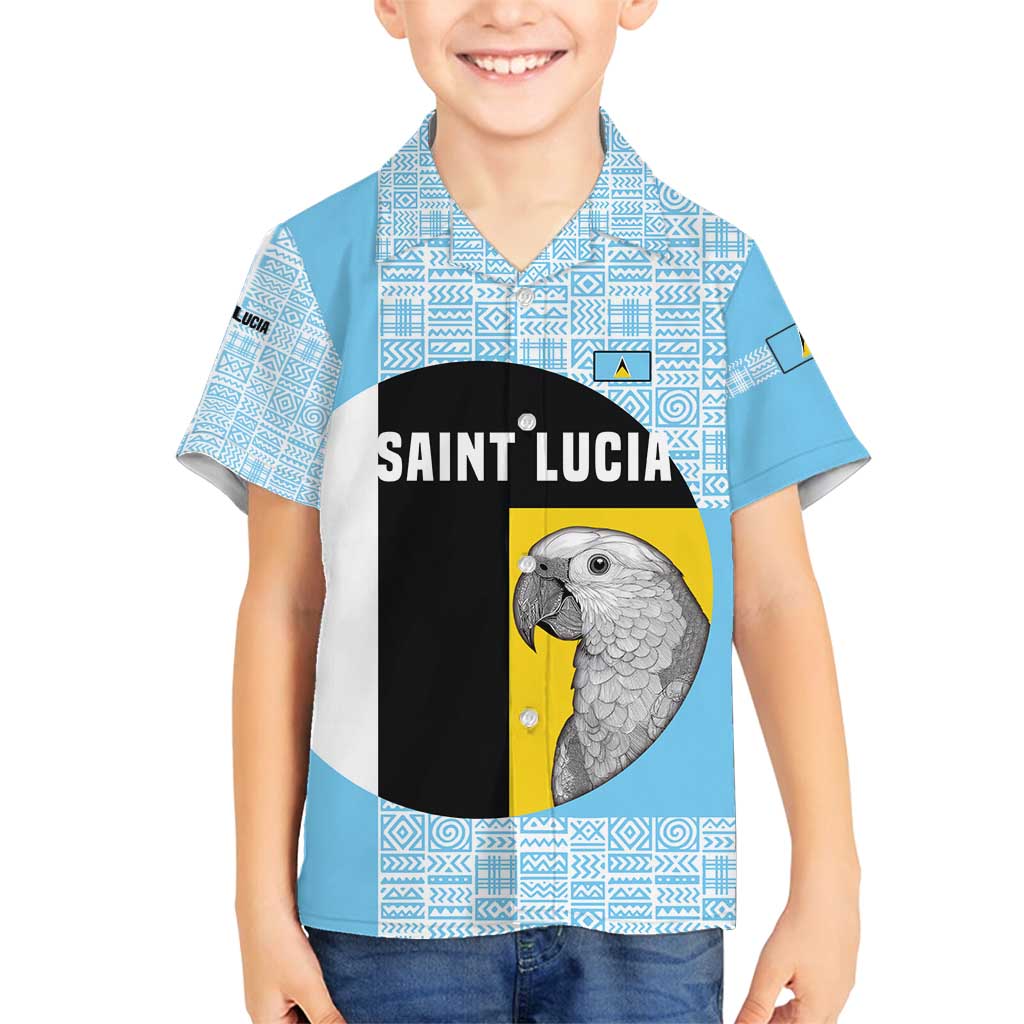 Saint Lucia Graphic Parrot Family Matching Long Sleeve Bodycon Dress and Hawaiian Shirt with Tribal Pattern and Minimalist Blue Black Design - Wonder Print Shop