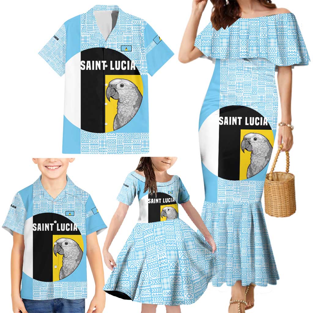 Saint Lucia Graphic Parrot Family Matching Mermaid Dress and Hawaiian Shirt with Tribal Pattern and Minimalist Blue Black Design - Wonder Print Shop