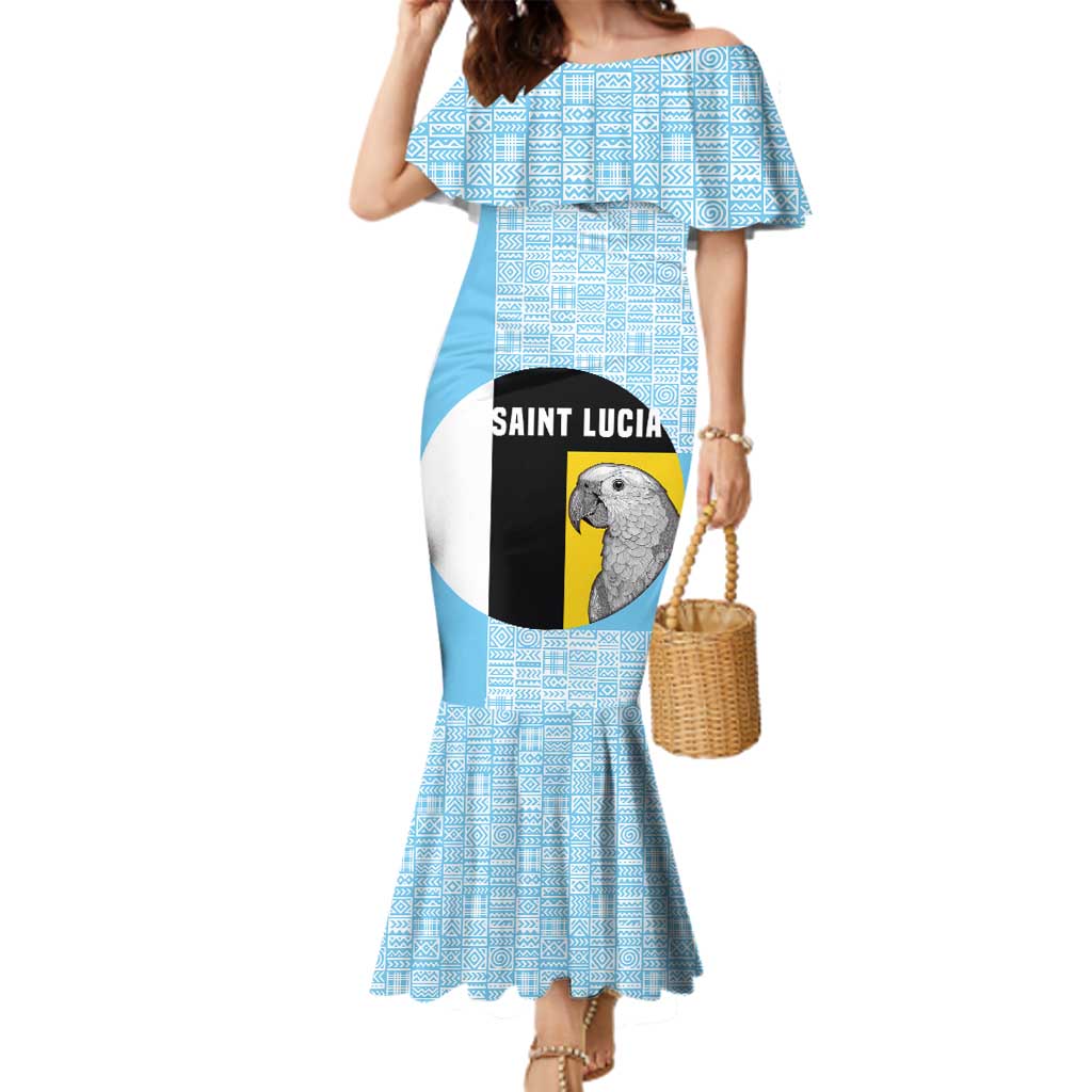 Saint Lucia Graphic Parrot Family Matching Mermaid Dress and Hawaiian Shirt with Tribal Pattern and Minimalist Blue Black Design - Wonder Print Shop
