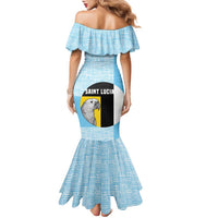 Saint Lucia Graphic Parrot Family Matching Mermaid Dress and Hawaiian Shirt with Tribal Pattern and Minimalist Blue Black Design - Wonder Print Shop
