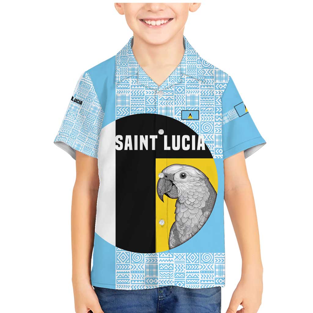 Saint Lucia Graphic Parrot Family Matching Mermaid Dress and Hawaiian Shirt with Tribal Pattern and Minimalist Blue Black Design - Wonder Print Shop