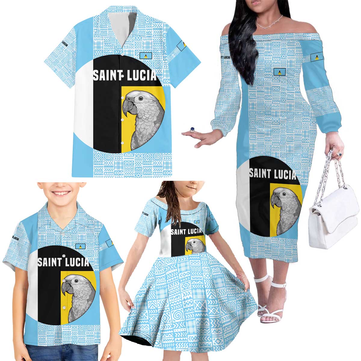 Saint Lucia Graphic Parrot Family Matching Off The Shoulder Long Sleeve Dress and Hawaiian Shirt with Tribal Pattern and Minimalist Blue Black Design - Wonder Print Shop