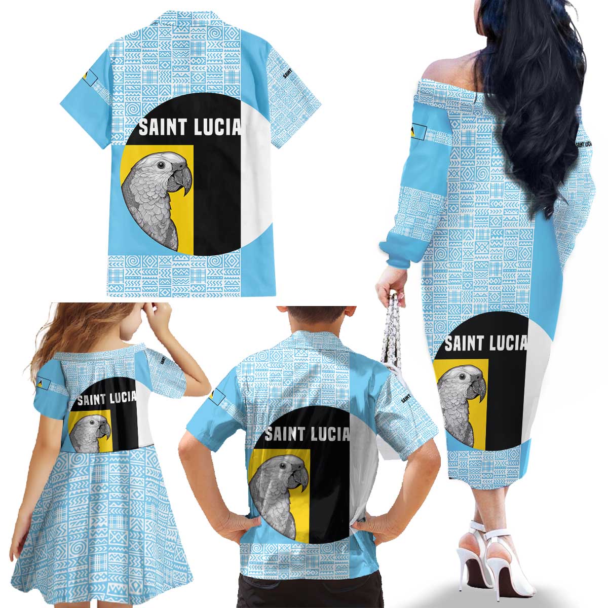 Saint Lucia Graphic Parrot Family Matching Off The Shoulder Long Sleeve Dress and Hawaiian Shirt with Tribal Pattern and Minimalist Blue Black Design - Wonder Print Shop