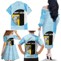 Saint Lucia Graphic Parrot Family Matching Off The Shoulder Long Sleeve Dress and Hawaiian Shirt with Tribal Pattern and Minimalist Blue Black Design - Wonder Print Shop