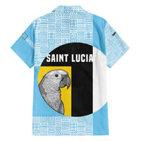 Saint Lucia Graphic Parrot Family Matching Off The Shoulder Long Sleeve Dress and Hawaiian Shirt with Tribal Pattern and Minimalist Blue Black Design - Wonder Print Shop
