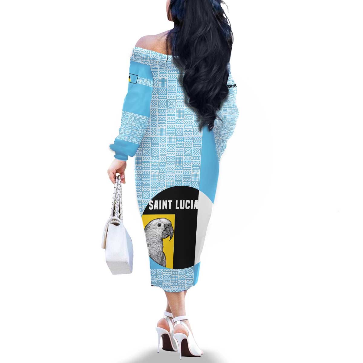 Saint Lucia Graphic Parrot Family Matching Off The Shoulder Long Sleeve Dress and Hawaiian Shirt with Tribal Pattern and Minimalist Blue Black Design - Wonder Print Shop