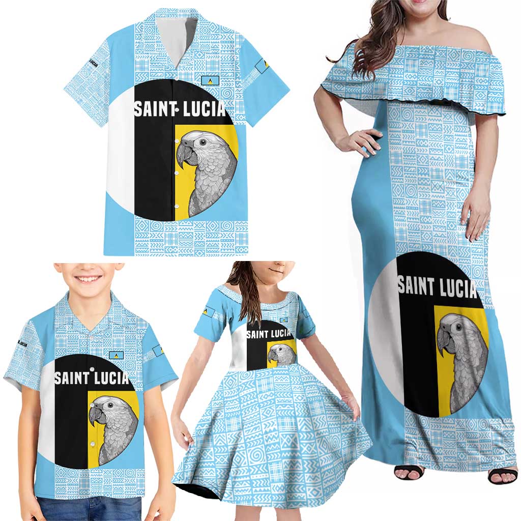 Saint Lucia Graphic Parrot Family Matching Off Shoulder Maxi Dress and Hawaiian Shirt with Tribal Pattern and Minimalist Blue Black Design - Wonder Print Shop