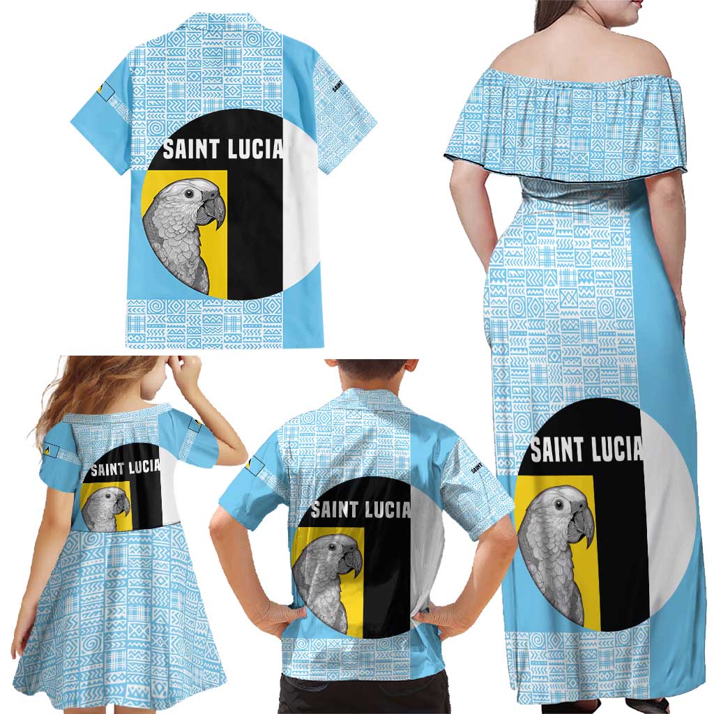 Saint Lucia Graphic Parrot Family Matching Off Shoulder Maxi Dress and Hawaiian Shirt with Tribal Pattern and Minimalist Blue Black Design - Wonder Print Shop
