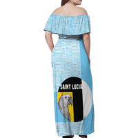 Saint Lucia Graphic Parrot Family Matching Off Shoulder Maxi Dress and Hawaiian Shirt with Tribal Pattern and Minimalist Blue Black Design - Wonder Print Shop