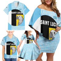 Saint Lucia Graphic Parrot Family Matching Off Shoulder Short Dress and Hawaiian Shirt with Tribal Pattern and Minimalist Blue Black Design - Wonder Print Shop