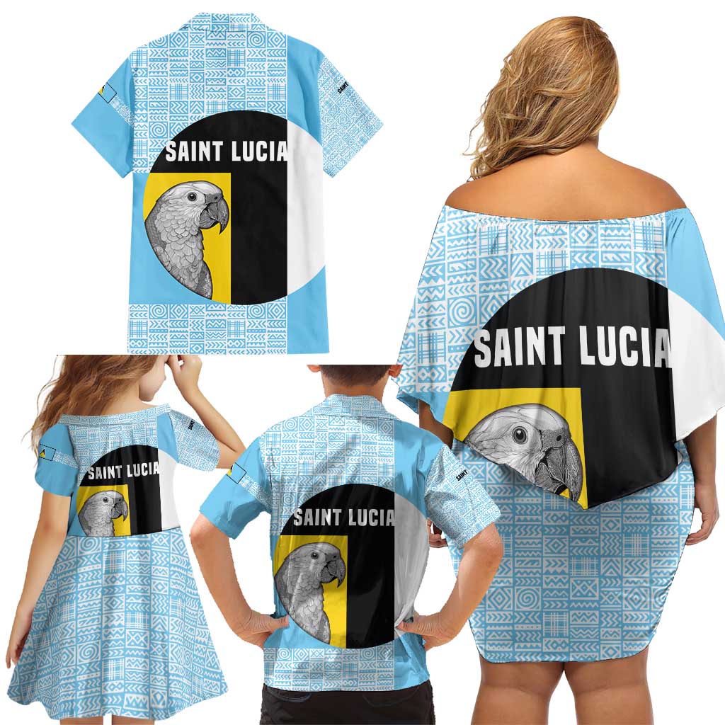 Saint Lucia Graphic Parrot Family Matching Off Shoulder Short Dress and Hawaiian Shirt with Tribal Pattern and Minimalist Blue Black Design - Wonder Print Shop