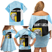 Saint Lucia Graphic Parrot Family Matching Off Shoulder Short Dress and Hawaiian Shirt with Tribal Pattern and Minimalist Blue Black Design - Wonder Print Shop