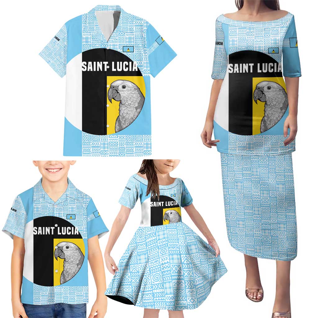 Saint Lucia Graphic Parrot Family Matching Puletasi and Hawaiian Shirt with Tribal Pattern and Minimalist Blue Black Design - Wonder Print Shop