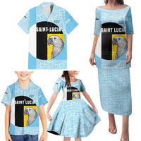 Saint Lucia Graphic Parrot Family Matching Puletasi and Hawaiian Shirt with Tribal Pattern and Minimalist Blue Black Design - Wonder Print Shop