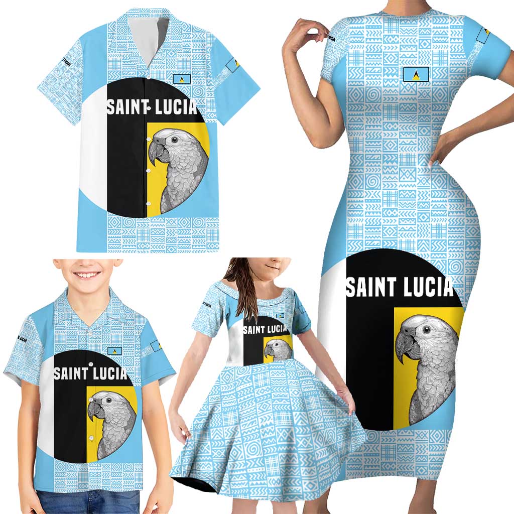 Saint Lucia Graphic Parrot Family Matching Short Sleeve Bodycon Dress and Hawaiian Shirt with Tribal Pattern and Minimalist Blue Black Design - Wonder Print Shop
