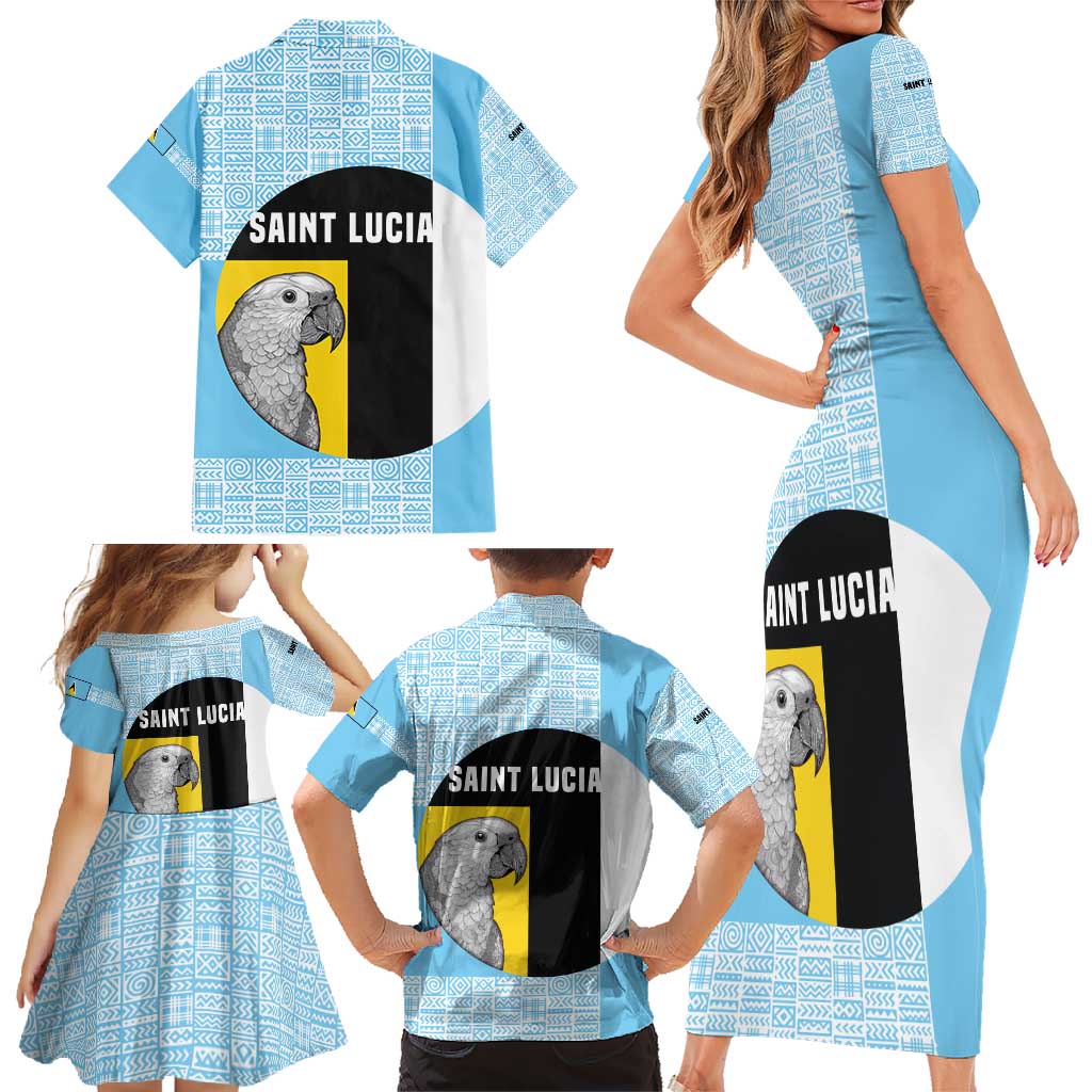 Saint Lucia Graphic Parrot Family Matching Short Sleeve Bodycon Dress and Hawaiian Shirt with Tribal Pattern and Minimalist Blue Black Design - Wonder Print Shop