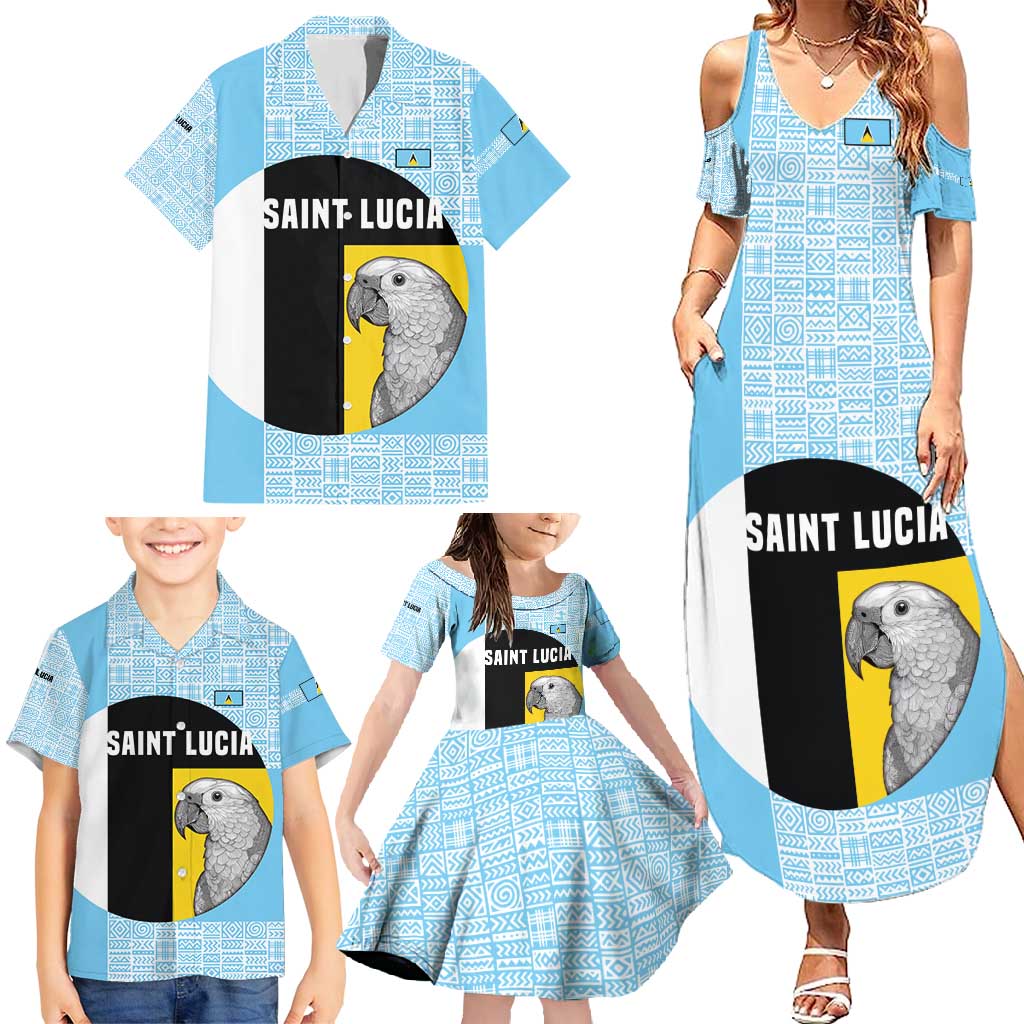 Saint Lucia Graphic Parrot Family Matching Summer Maxi Dress and Hawaiian Shirt with Tribal Pattern and Minimalist Blue Black Design - Wonder Print Shop